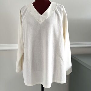 Denim & Co. ivory high v-neck brushed waffle knit long sleeve top NWOT size 2X